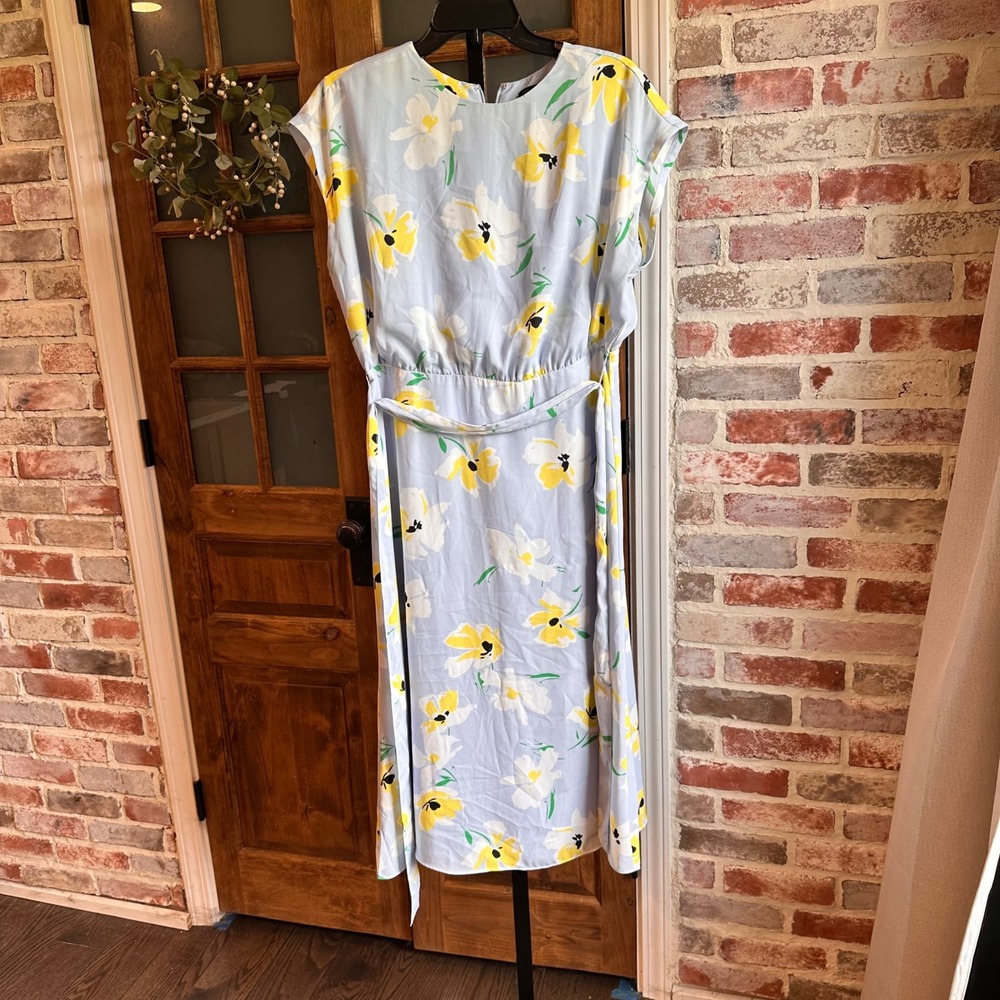 Ann Taylor Floral Midi Dress Women 6 Blue Yellow Cap Sleeve Belted Spring Summer